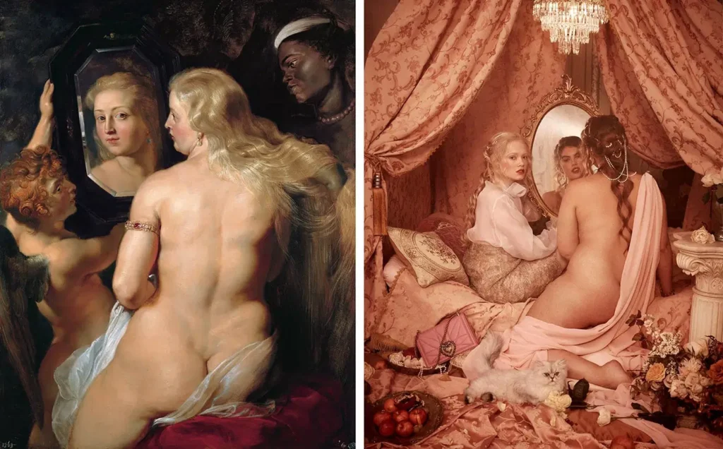 Venus in Front of the Mirror by Peter Paul Rubens, 1615, via the Princely Collections of Liechtenstein, Vienna; with Dolce & Gabbana fashion collection for fall/winter 2020 photographed by Nima Benati,